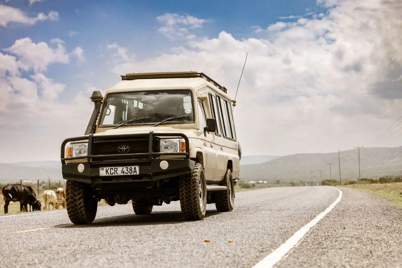 A rugged safari jeep drives on a rural road in Kenya with cattle grazing beside.
